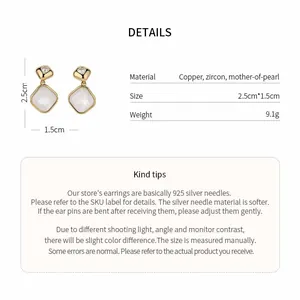 Product details showing 18k gold plated diamond earrings with mother-of-pearl inlay.