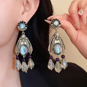 Vintage Palace Style Flower Artificial Pearl Drop Earrings Rhinestone Inlaid Silver Earring Post Gold Purple Women Jewelry