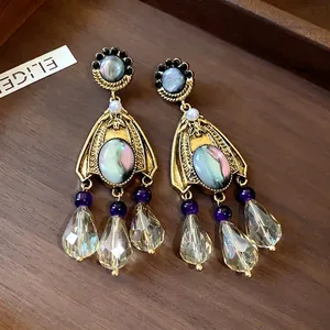 Vintage court style gold drop earrings with artificial pearls and crystal teardrops