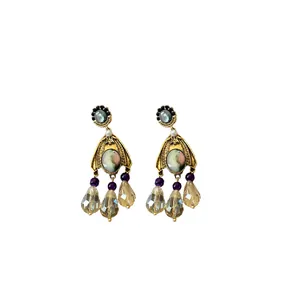 Vintage palace style gold-toned dangle earrings with amber crystals and purple beads