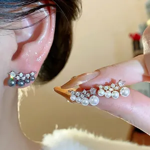 Elegant 18K gold plated silver needle pearl earrings with sparkling zircon detail for women