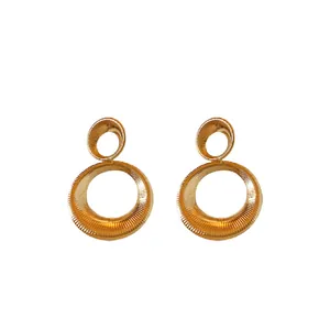Elegant golden textured double circular hollow drop earrings for stylish women