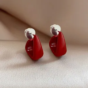 Vintage Geometric Red Enamel Stud Earrings With Silver Earring Post Retro Alloy Minimalist Earrings For Women Commuting Jewelry