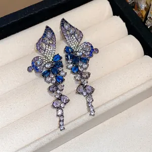 Vintage style zircon butterfly wing drop earrings with colorful stones in luxury box