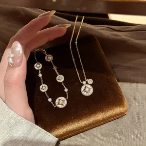 18K Gold Plated Copper Zirconia Round Star Pendant Necklace Vintage Luxury Compass Link Chain Bracelet Jewelry For Women