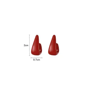 Red minimalist geometric drip oil earrings with silver needles shown with dimensions 2x0.7cm