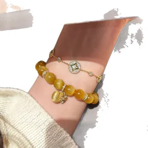 Luxury 18K gold plated zircon bracelet set with elegant yellow cat eye beads jewelry