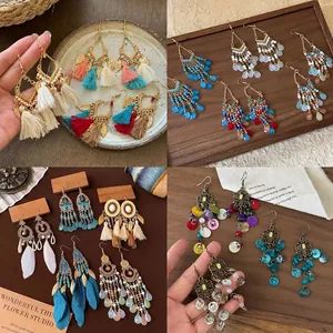 Boho Vintage Ethno Feder Quasten Ohrringe Handgefertigte Legierung Edelstahl Haken Ohrringe Für Damen Strand Urlaub Accessoire