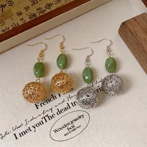 New Chinese Style Retro Resin Bead Hollow Filigree Ball Drop Earrings With 925 Sterling Silver Post Iron Jewelry For Women