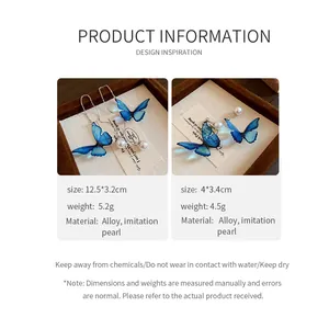 Detailed specs for blue butterfly earrings with imitation pearls and alloy material.