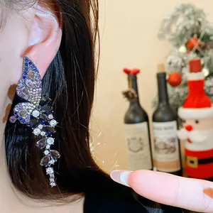 Vintage style butterfly wing zircon drop earrings for women with silver needle