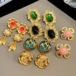 Vintage Oval Leaf Drop Earrings For Women 925 Sterling Silver Post Alloy Rhinestone Jewelry Retro Elegant Accessory Gift
