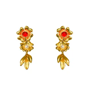 Vintage gold-toned floral drop earrings with red stone and pearl accents