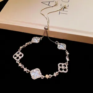Korean Style Hollow Flower Pull-out Bracelet For Women Zinc Alloy Silver Plated Exquisite Rhinestone Inlaid Adjustable Chain Jewelry Elegant Gift