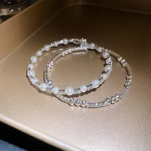 Brazalete Abierto Vintage Francés Mujer Aleación Plata Diamante Imitación Perla Artificial Pulsera Lujo Ligero Joyería