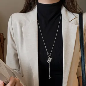 Silver Plated Copper Zirconia Horse Pendant Sweater Chain Necklace Minimalist Adjustable Snake Bone Long Necklace For Women