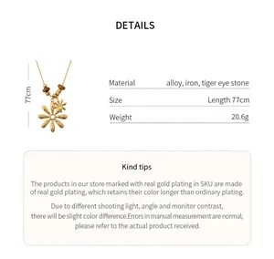 Detailed specifications and dimensions for flower necklace with tiger eye beads, 77cm long