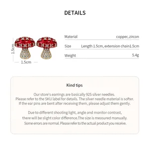 Close-up detail of red enamel mushroom stud earrings with zircon and dimensions info