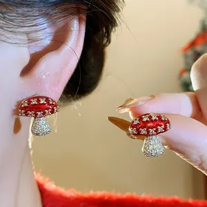 Sparkling mushroom stud earrings with red enamel and crystals, elegant jewelry gift