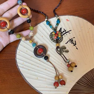 Handmade ceramic wood bead tassel necklace in New Chinese style for Hanfu outfits
