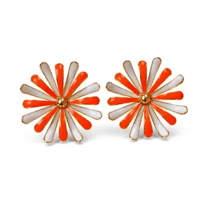 Elegant orange and white enamel daisy flower stud earrings with gold-plated edges