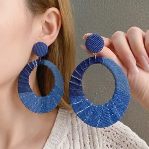 Vintage Oversized Denim Fabric Oval Hollow Stud Earrings With Silver Earring Post Blue Patchwork Fashion Jewelry For Women