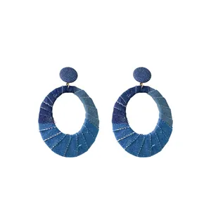 Stylish oval denim fabric patchwork hoop earrings with silver needles
