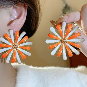 Oversized orange and white enamel flower stud earrings for women fashion