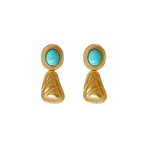 Élégantes boucles d'oreilles géométriques vintage dorées avec pierre turquoise royale
