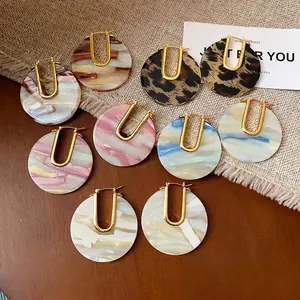 18K Gold Plated Acetate U-Shape Hoop Earrings Vintage Leopard Print Marble Round Earrings For Women Fashion Jewelry