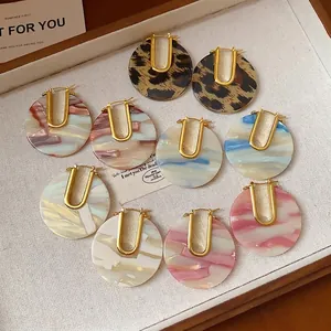 Vintage acetate U-shaped hoop earrings with 18k gold plating in colorful marble patterns