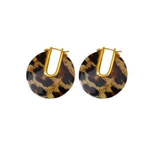 Retro 18k gold plated leopard print acetate U-shaped hoop earrings for women