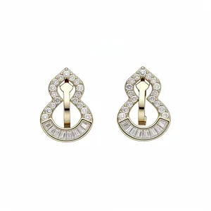 18k gold plated hulu gourd ear clips with sparkling cubic zirconia in new Chinese style