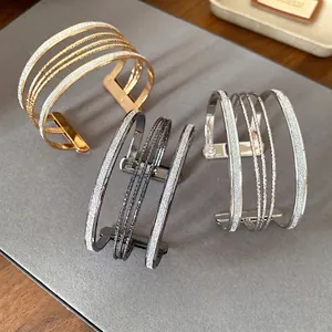 Luxury Multi Layer Metal Cuff Bracelet For Women Glossy Glitter Stacking Open Bangle European Fashion Jewelry Accessory