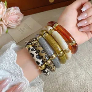 Pulsera Redonda de Acrílico Retro para Mujer Brazalete Geométrico de Aleación Gruesa Estampado de Leopardo Mármol Vintage