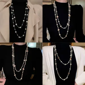 Französische Retro Lange Perlenkette Elegante Legierung Künstliche Perle Strass Mehrlagige Pulloverkette Damen Hochzeit Party Schmuck