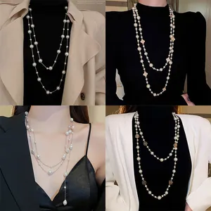 Elegante lange Perlenkette im mehrlagigen französischen Retro-Stil für Pullover Damen