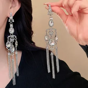Luxury Alloy Rhinestone Water Drop Tassel Earrings With Silver Earring Post Oversized Dangle Earrings For Women Party Jewelry