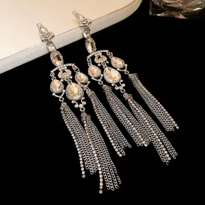 Elegant silver tassel earrings with teardrop rhinestones and long chain dangles