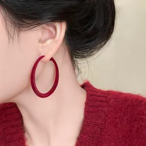 Elegant Ankara red flocked hoop earrings with silver needles for autumn winter style