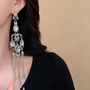 Elegant silver needle waterdrop tassel earrings with shimmering rhinestones for women