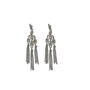 Elegant silver-tone teardrop rhinestone tassel drop earrings featuring sparkling crystals