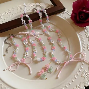 Pastoral Style Bowknot Artificial Crystal Artificial Pearl Necklace Handmade Beaded Floral Choker For Sweet Girlish Women Jewelry