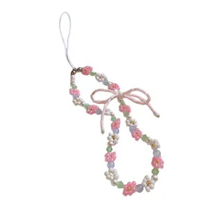 Handmade sweet floral beaded necklace with pink bow accent and pastel color pearls