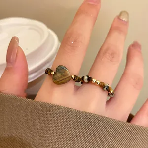 Tiger Eye Beaded Ring Heart Shaped Spotted Stone Golden Beads Elastic Stretch Vintage Bohemian Jewelry For Women