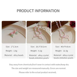 Detailed view of beaded bow necklace and flower earrings with product specifications