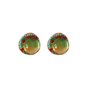 Vintage French style round resin stud earrings with colorful bead accents