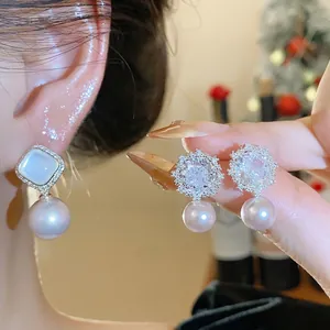 Korean Style Flower Artificial Pearl Stud Earrings With 925 Sterling Silver Earring Post Rhinestone Inlaid Fashion Jewelry For Women