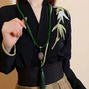 Neuer Chinesischer Stil Grün Gelb Perlen Lange Halskette Vintage Ethno Blumen Anhänger Quaste Pullover Kette Für Damen Glas Handgefertigt Schmuck