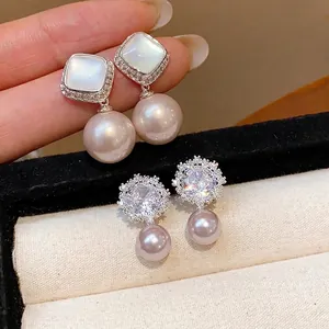 Elegant silver zircon flower and square shell pearl drop earrings for stylish women